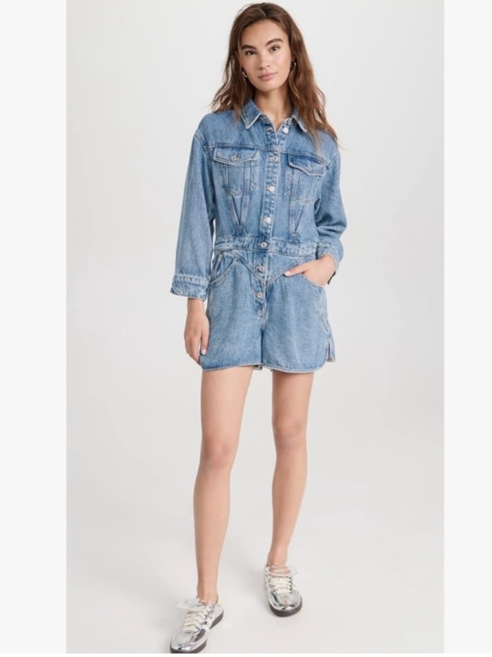7 For All Mankind Denim Utility Romper Front Yoke Button Front Lyocell NWT L